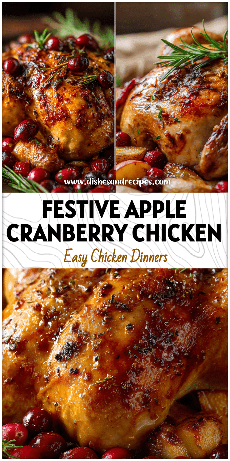 Golden roasted chicken with apples and cranberries on a holiday table.